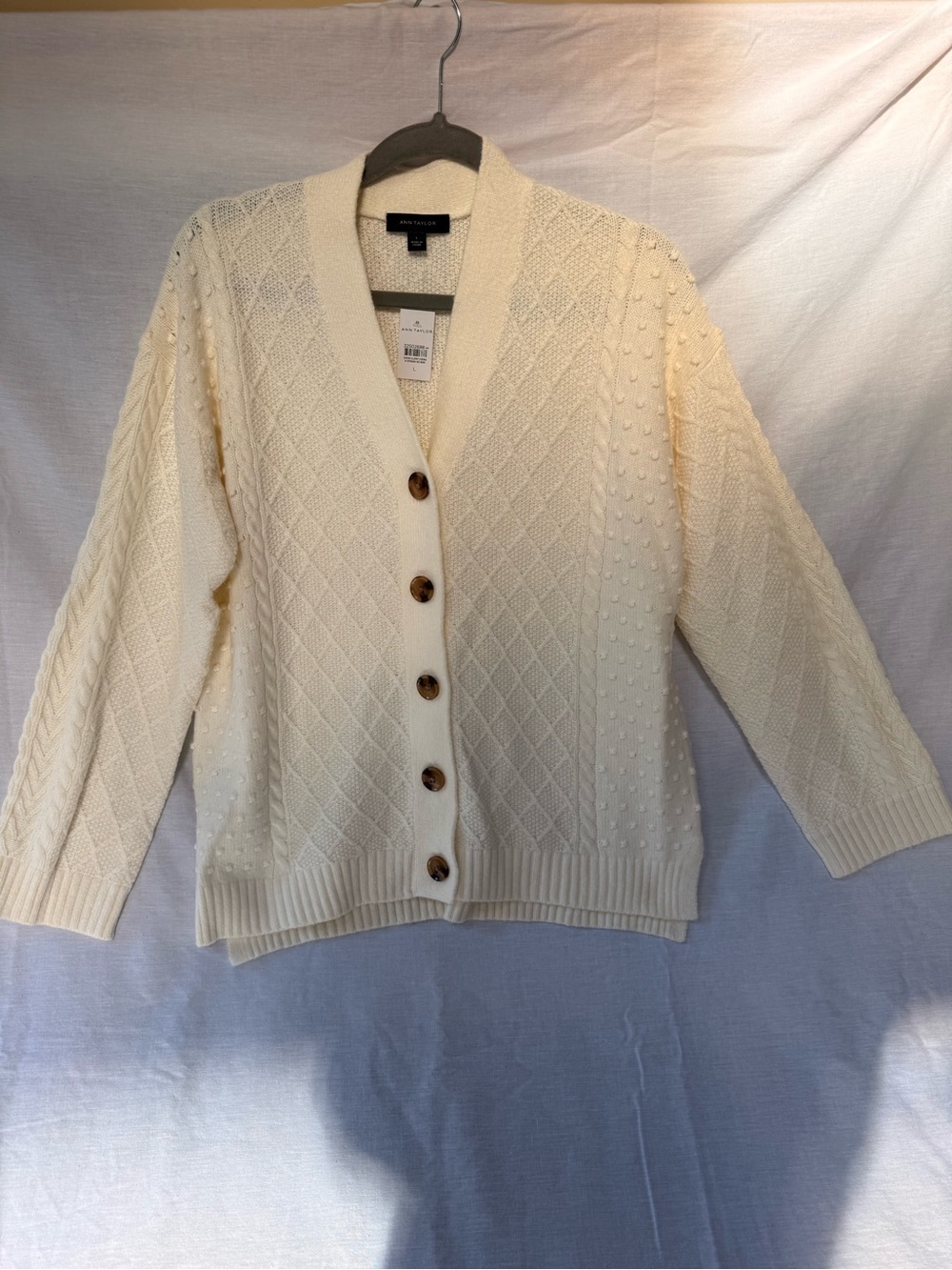 Ann Taylor Cream Textured Knit Button-Front Cardigan